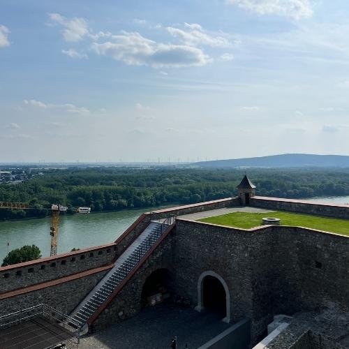 Danube river and Windmills in Austria view from Bratislava Castle