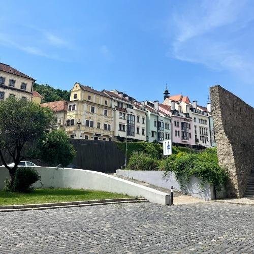 Defensive Wall remains and colourful buildings in Bratislava Slovakia